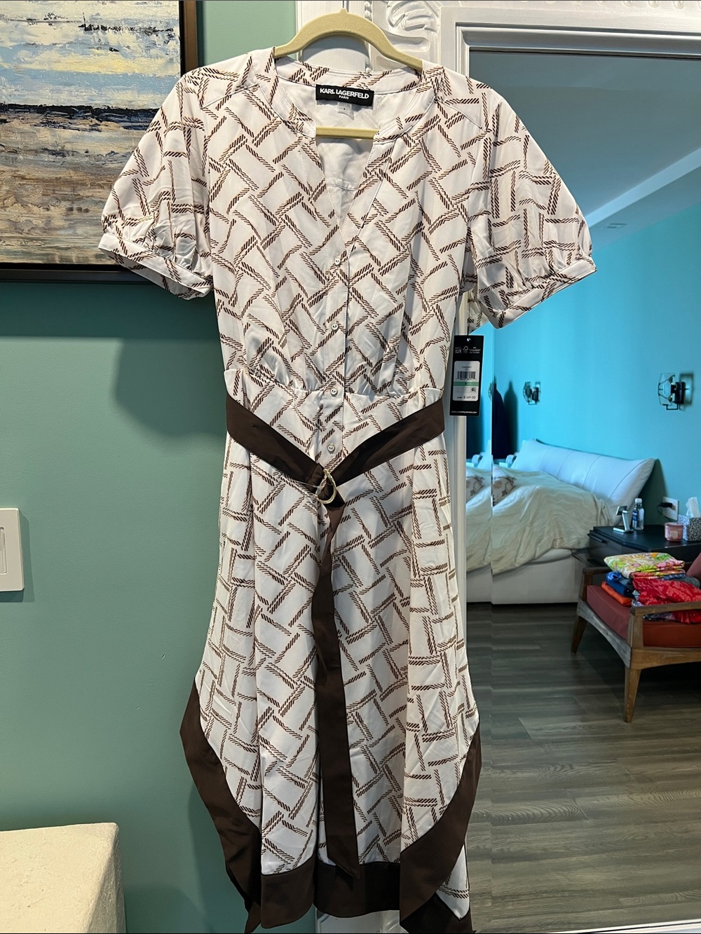 Karl Lagerfeld White & Brown Geometric Midi Dress with Belt